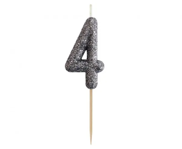 Dortová svíčka číslo 4 třpytivá černo stříbrná, 11 x 3,5 cm – Godan