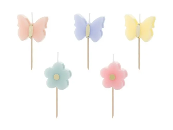 Dortové svíčky motýlci a kytičky 3,5 cm 5 ks – PartyDeco
