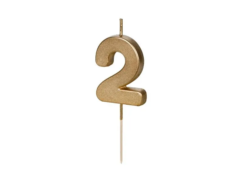 Dortová svíčka na špejli číslo 2 zlatá 4,5 cm – PartyDeco