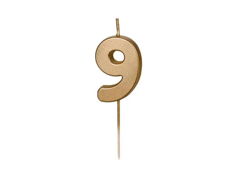 Dortová svíčka na špejli číslo 9 zlatá 4,5 cm – PartyDeco