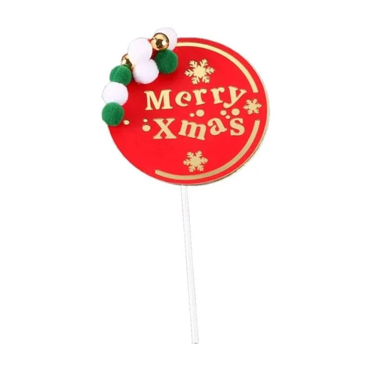 Zápich do dortu červený Merry Xmas s plyšovými bambulkami, 18,5 cm