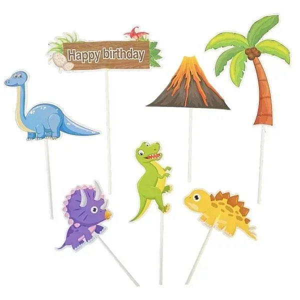 Zápich do dortu Happy Birthday s dinosaury (7 ks)