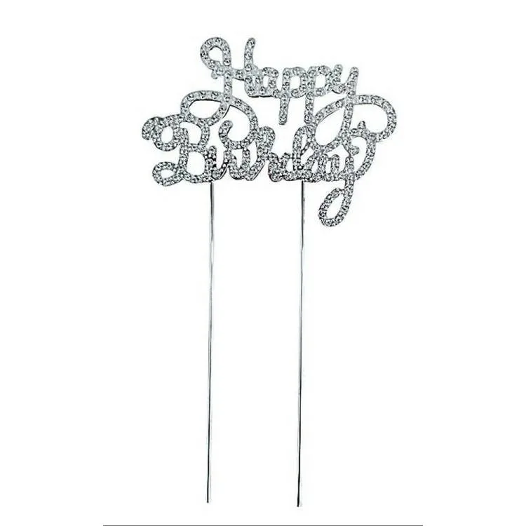 Kovový zápich do dortu Happy Birthday stříbrný s kamínky 16,5 cm