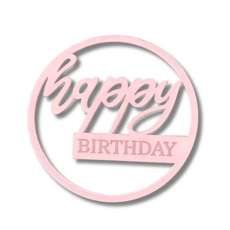 Plastová dekorace na dort Happy Birthday v kruhu růžová 11 cm