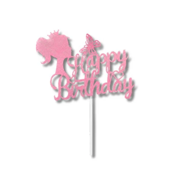 Zápich do dortu růžový Happy Birthday s princeznou (1 ks)