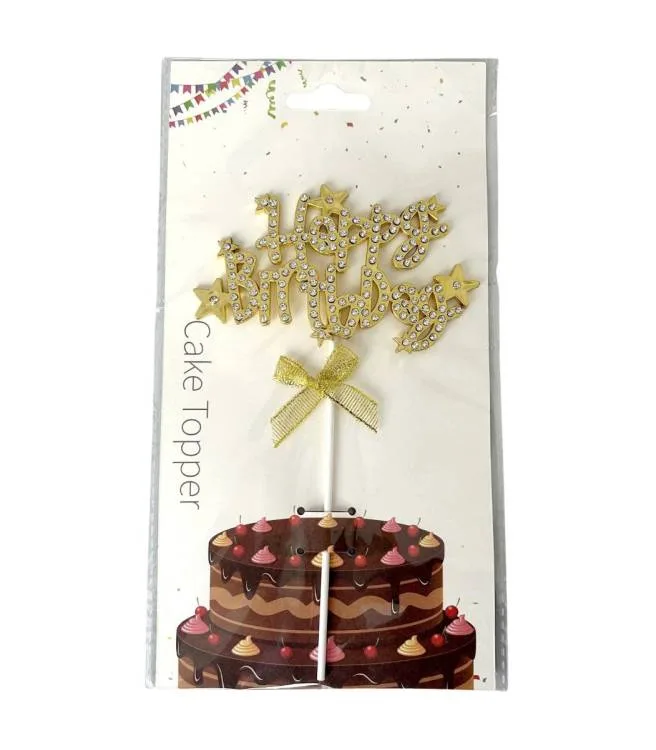 Zápich do dortu zlatý Happy Birthday s mašlí 19,5 cm