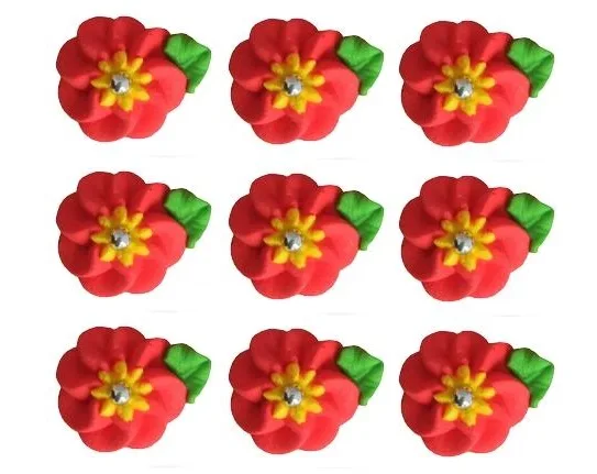 Cukrové květy červené a žluté s perličkou 2,5 cm 9 ks
