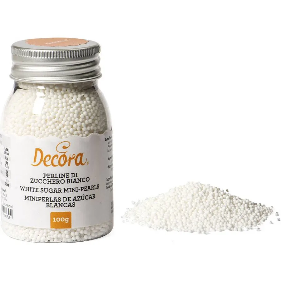 Bílé cukrové mini perličky máček 1,5 mm 100 g – Decora