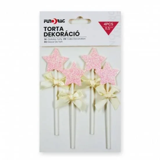 Zápich do dortu Hvězdičky růžové s mašličkami 11,5 cm (4 ks)
