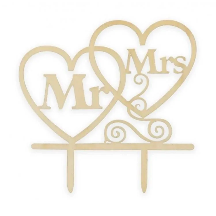Dřevěný zápich do dortu Mr & Mrs v srdíčkách 13,5 cm