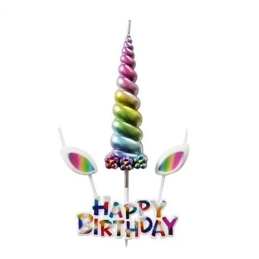 Svíčka Happy Birthday s jednorožčím rohem a ušima 11 cm