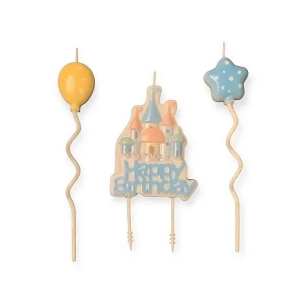Svíčky Happy Birthday modré se zámkem a balónky (3 ks)