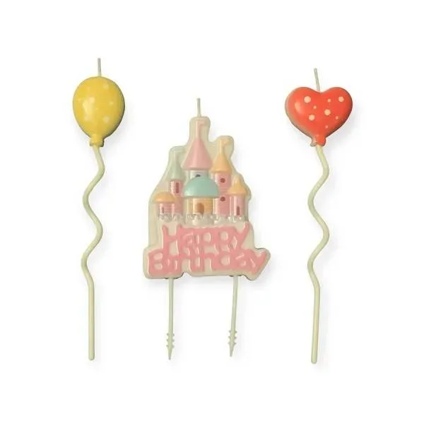 Dortové svíčky Happy Birthday růžové se zámkem a balónky, 3 ks