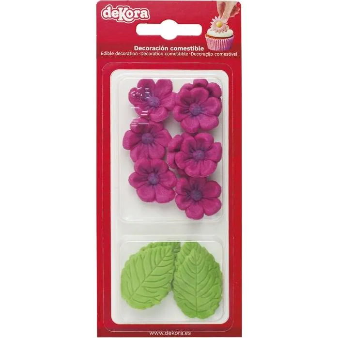 Cukrová dekorace 8 fuchsiových květů a 5 zelených listů – Dekora