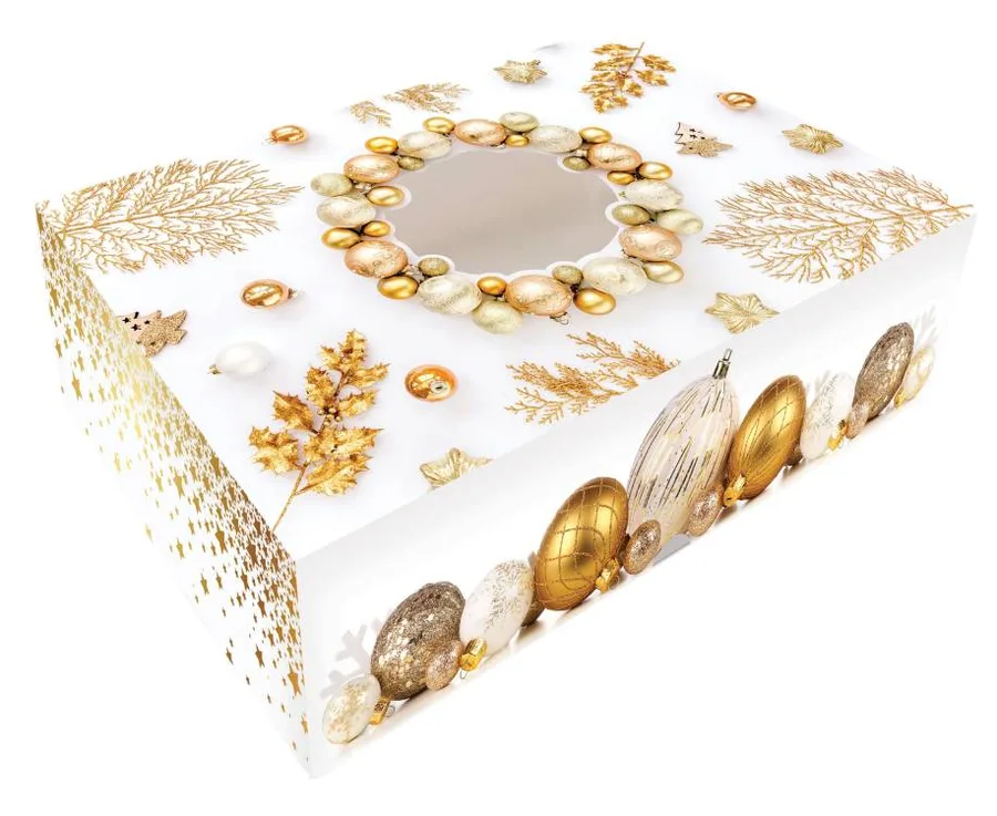 Vánoční krabice na cukroví Bílá s ozdobami 23 x 15 x 5 cm – Alvarak
