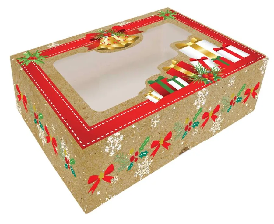 Vánoční krabice na cukroví s okénkem Dárky a zvonky 23 x 15 x 5 cm – Alvarak