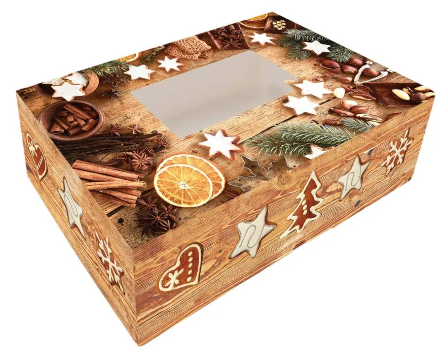 Vánoční krabice na cukroví s okénkem dřevo s perníčky 26 x 15 x 7 cm – Alvarak