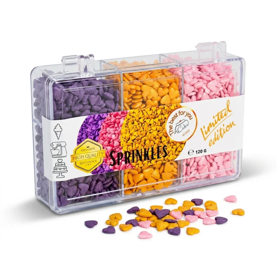 Cukrová srdíčka fialová, růžová perleť a zlatá 120 g – 4Cake