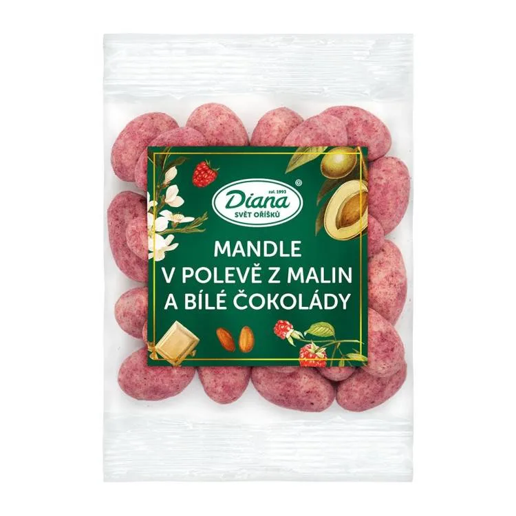 Mandle v polevě z malin a bílé čokolády 100 g – DIANA
