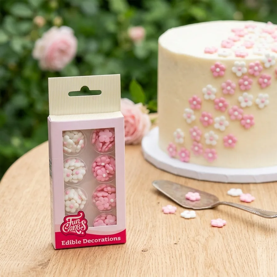 Drobné cukrové kytičky bílé a růžové 1,4 cm 64 ks – FunCakes