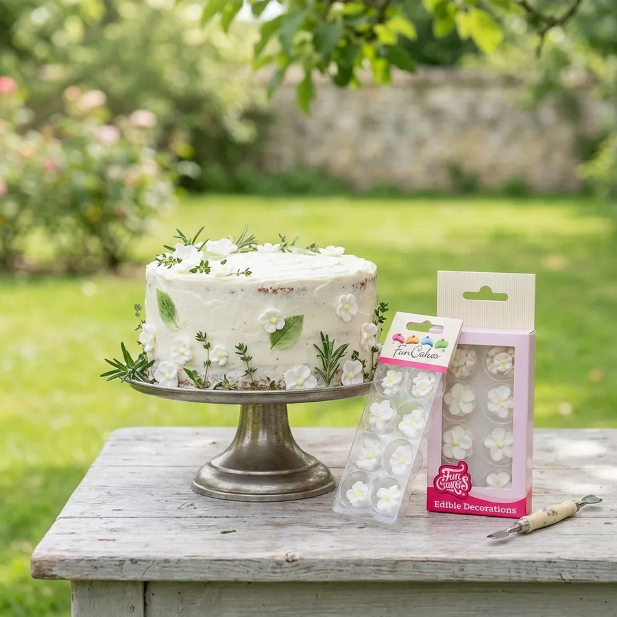 Cukrové květinky bílé se žlutým středem 32 ks – FunCakes