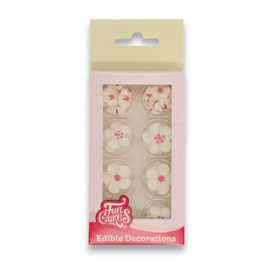 Cukrové dekorace bílý květ s růžovým dekorem 32 ks – FunCakes