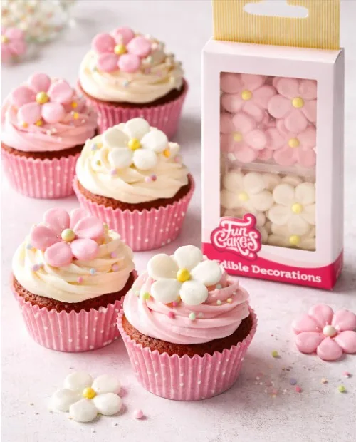Marcipánové květy bílé a růžové 12 ks – FunCakes