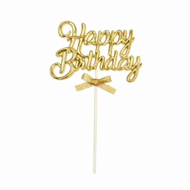 Zápich do dortu zlatý Happy Birthday s mašličkou 19,5 cm