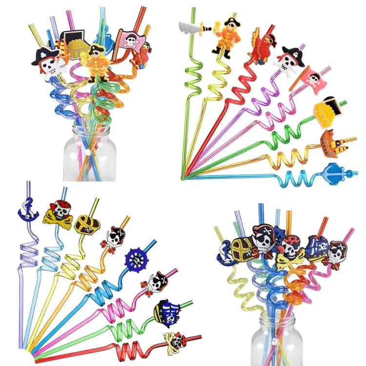 Plastová spirálová brčka s pirátskými motivy 26 cm (4 ks)