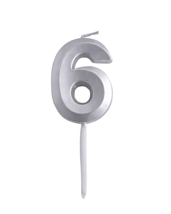 Narozeninová svíčka číslo 6 stříbrná, výška 4,7 cm