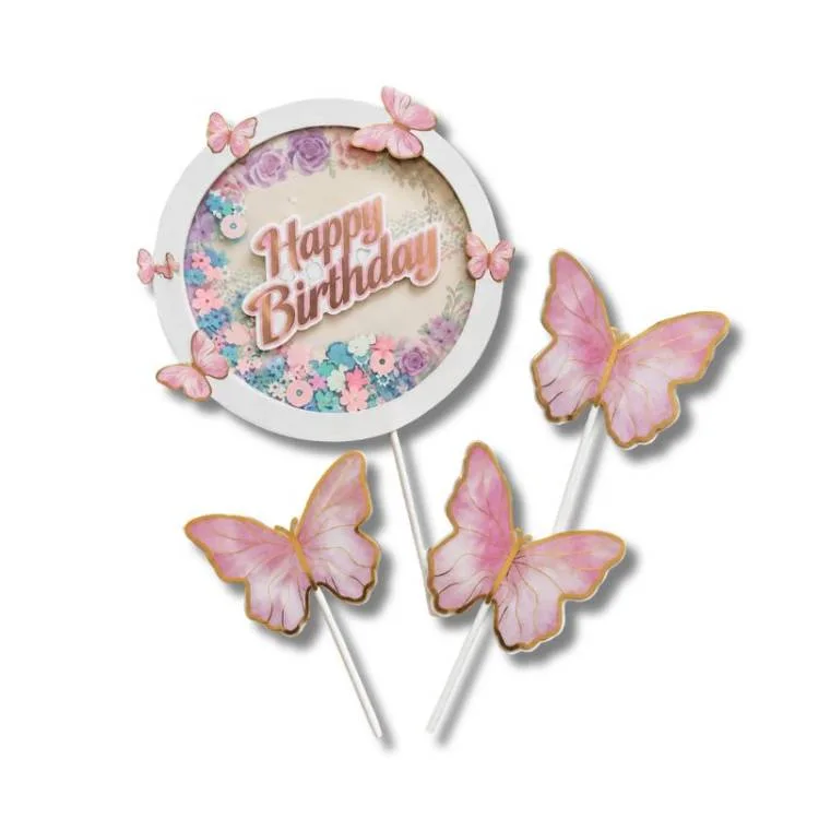 Zápich do dortu Happy Birthday s motýlky růžový 4 ks