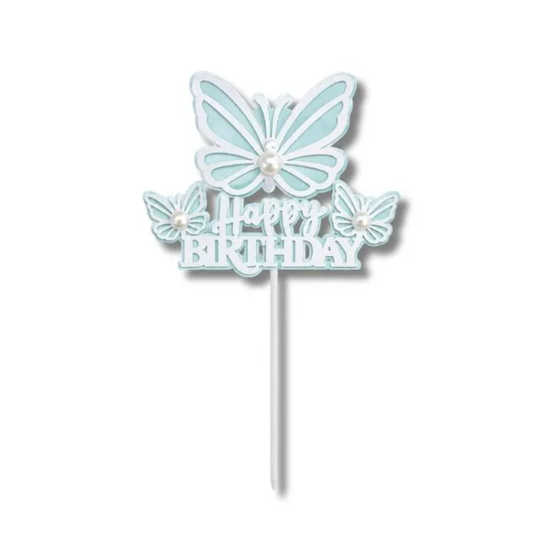 Zápich do dortu Happy Birthday s perlami a motýly modrý 1 ks