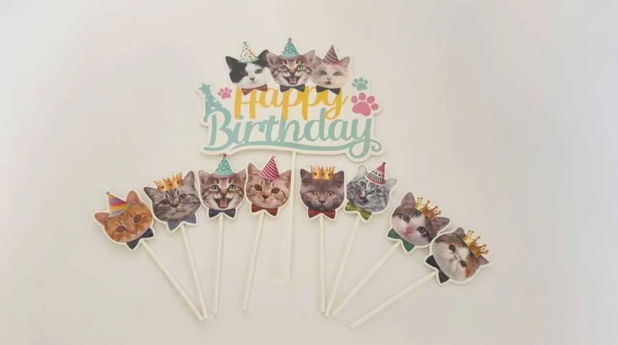 Zápich do dortu Happy Birthday s kočkami (9 ks)