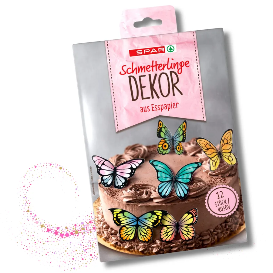 Motýlci vyřezaná dekorace z jedlého papíru 12 ks, 32 g – SPAR