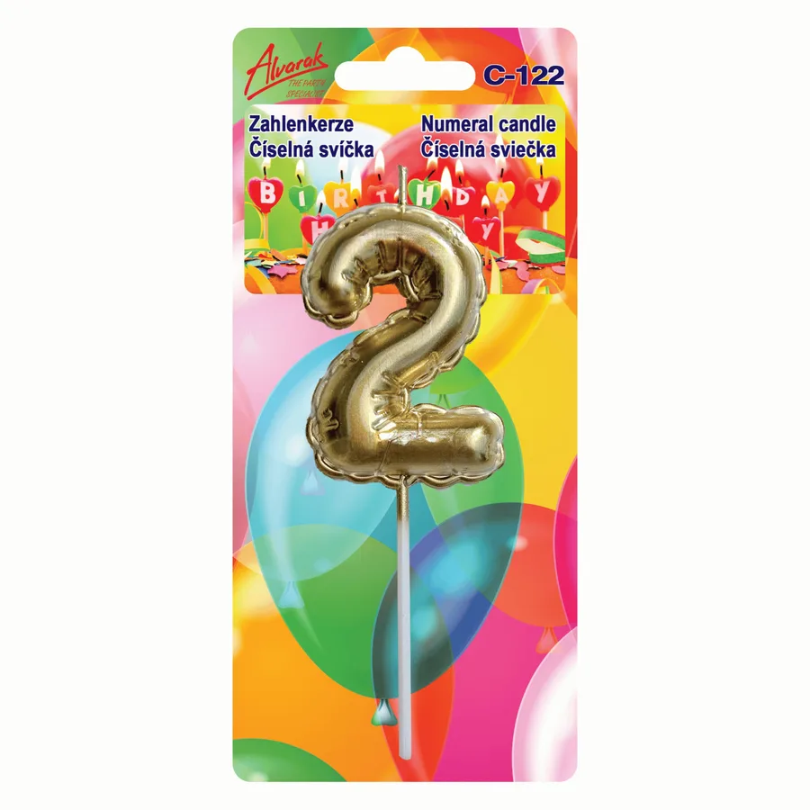 Dortová svíčka číslice 2 balónek zlatá 6 × 3 cm – Alvarak