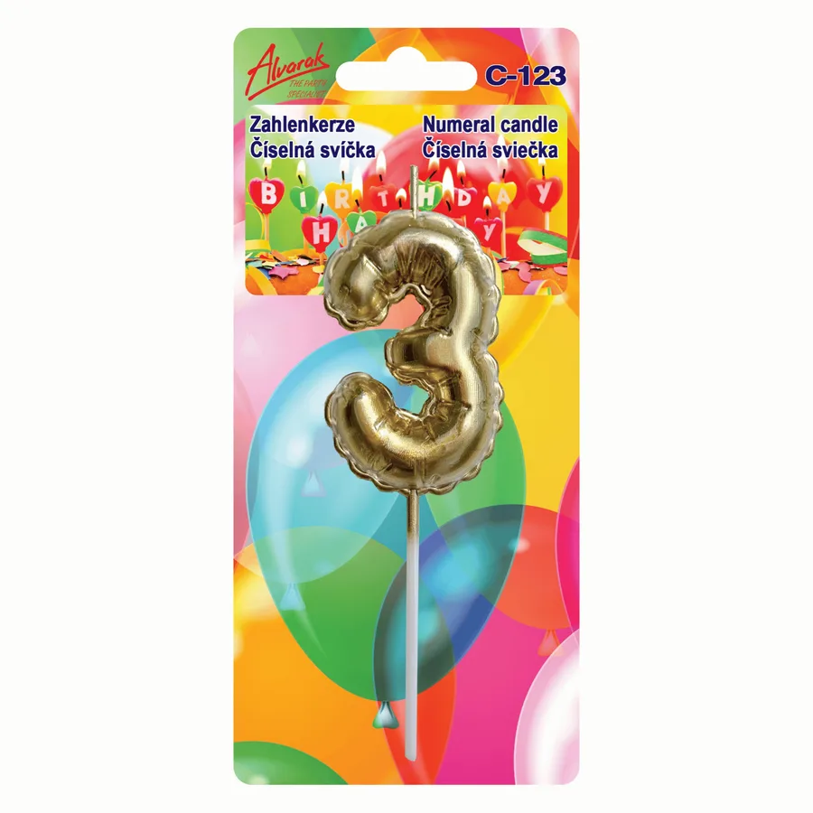 Dortová svíčka balonek číslice 3 zlatá 6 × 3 cm – Alvarak