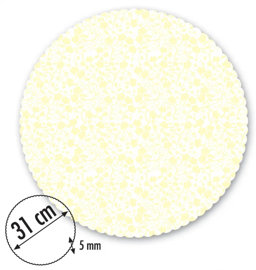 Dortová podložka bílá se žlutým dekorem 31 cm + 5x krajka – Alvarak
