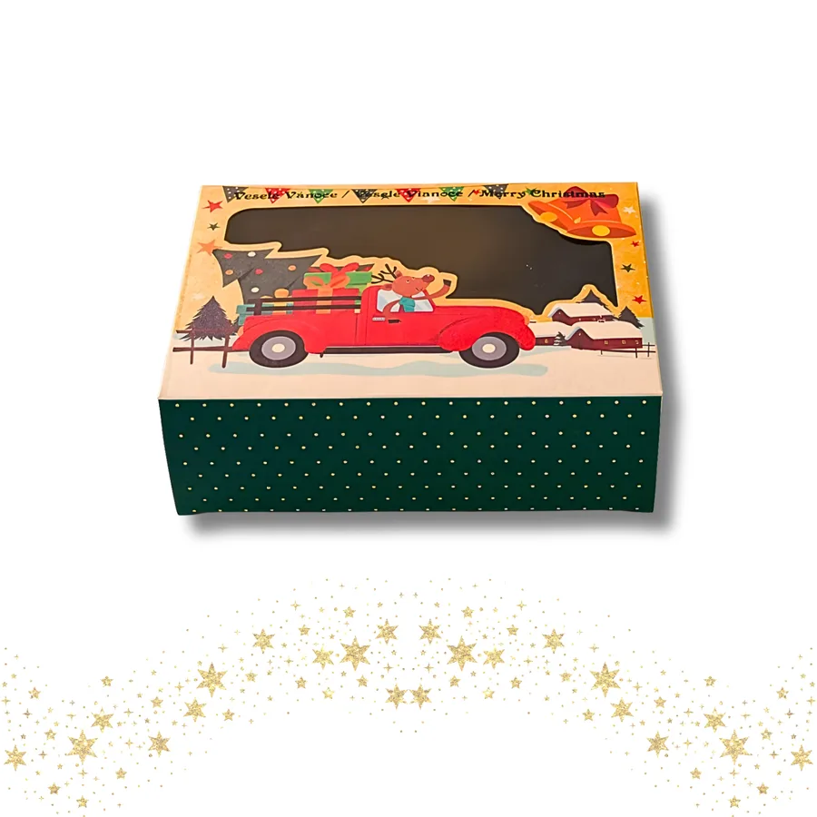 Krabička na vánoční cukroví s okénkem 21 x 15 x 7 cm – motiv vánoční auto