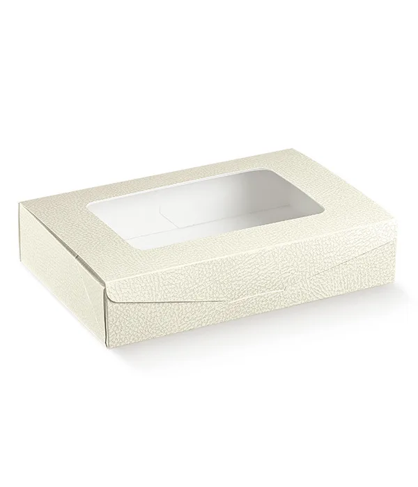 Krabice na cukroví s průhledem bílá kůže 24 × 16 × 5 cm – 1 ks
