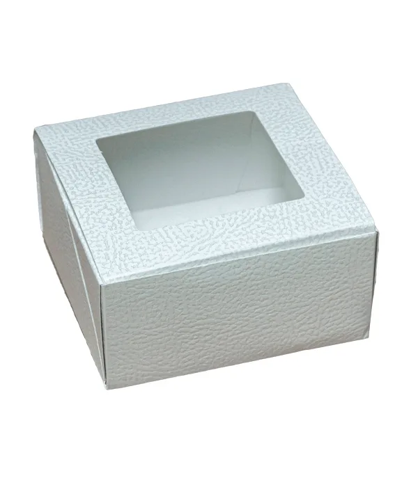 Krabice na cukroví s průhledem 12 x 12 x 6 cm – bílá kůže