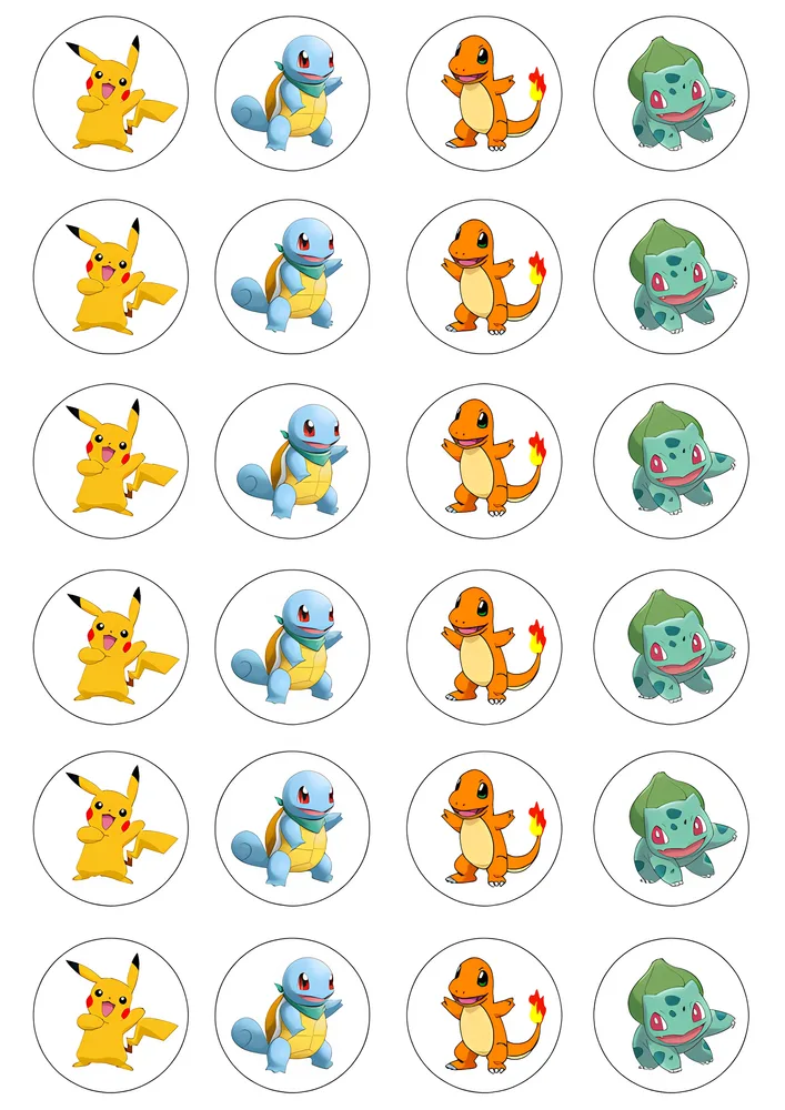 Pokémon – Pikachu, Squirtle, Charmander a Bulbasaur na muffiny – jedlý papír na cupcakes – jedlý obrázek na dort