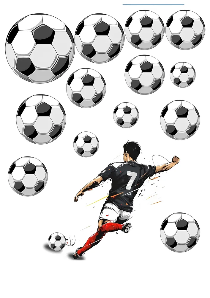 Fotbal – hráč s číslem 7 a fotbalové míče – jedlý papír na hranatý dort – jedlý obrázek na dort