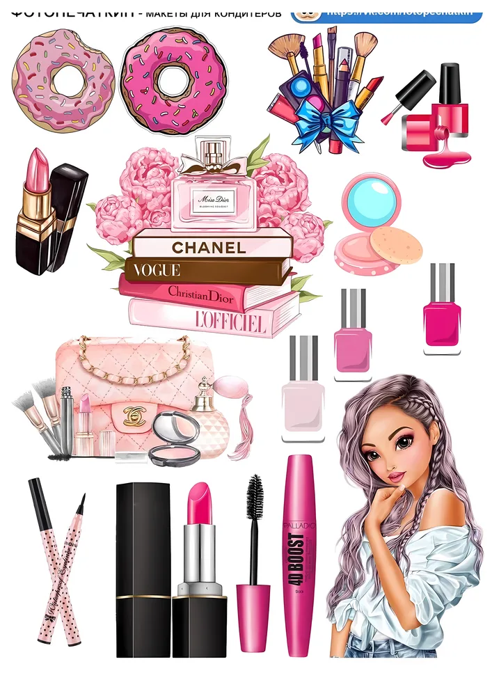 Make-up a móda – dívka, kosmetika a koblihy – jedlý papír na hranatý dort – jedlý obrázek na dort