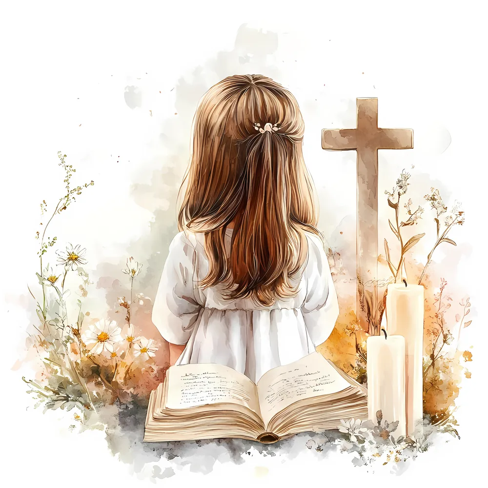 První svaté přijímání – dívka s Biblí a křížem – jedlý obrázek na dort – jedlý obrázek na dort