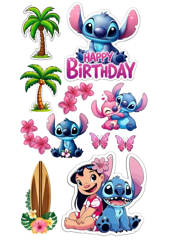 Lilo a Stitch – vystřihovánky se Stitchem, Lilo a palmami – jedlý papír na hranatý dort – jedlý obrázek na dort