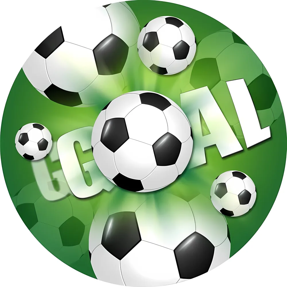 Fotbal – míče s nápisem GOAL na zeleném pozadí – jedlý obrázek na dort – jedlý obrázek na dort
