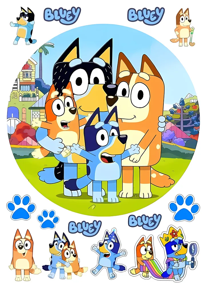Bluey – rodina Heelerových na zahradě – jedlý papír na hranatý dort – jedlý obrázek na dort