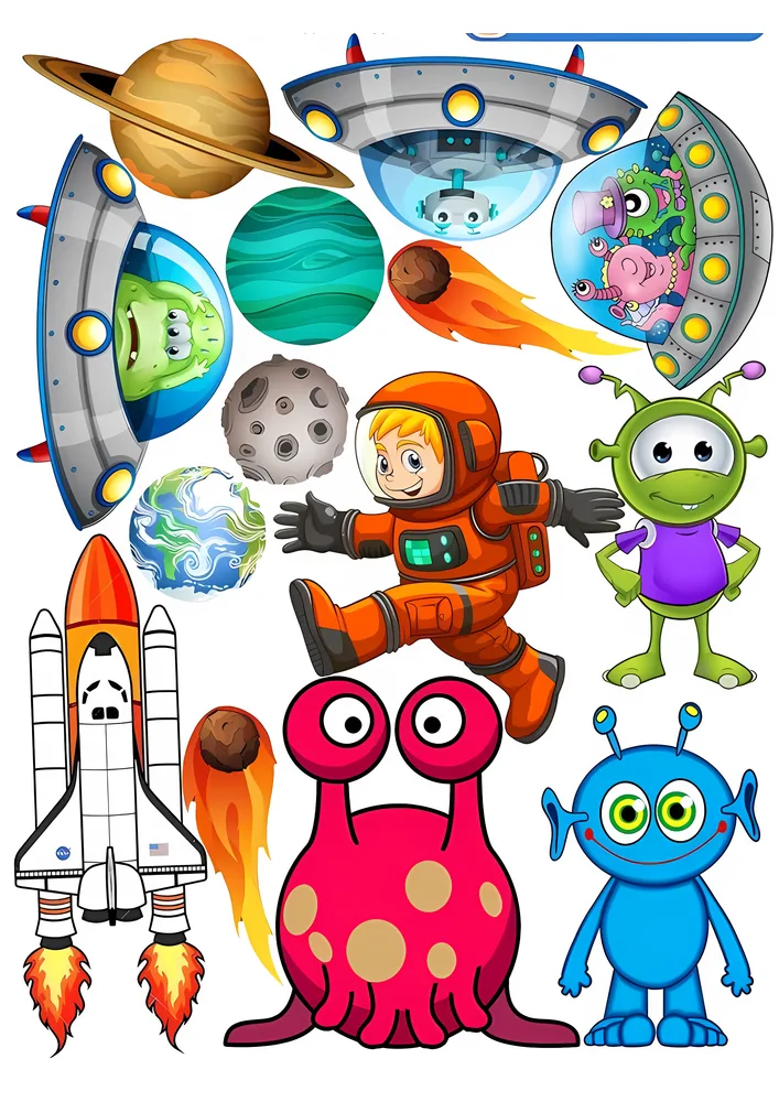 Vesmír – kosmonaut, mimozemšťané a raketa – jedlý papír na hranatý dort – jedlý obrázek na dort