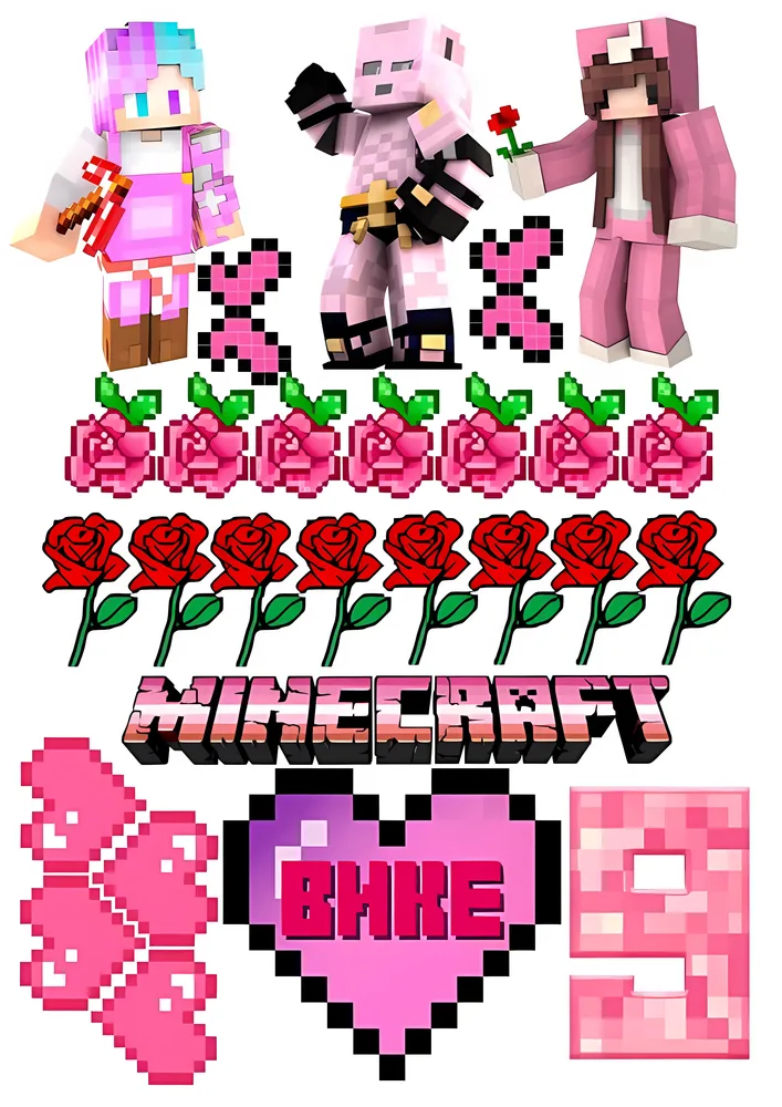 Minecraft – dívčí růžové postavy, růže a srdíčka – jedlý papír na hranatý dort – jedlý obrázek na dort