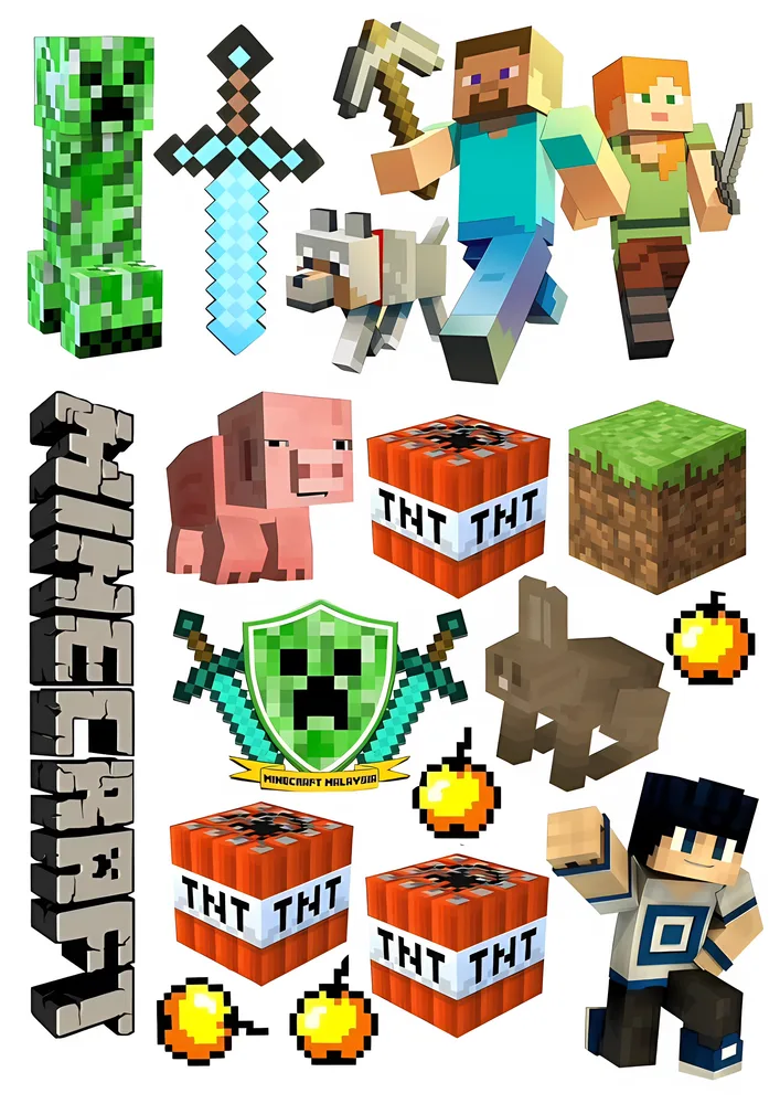 Minecraft – Steve, Alex, Creeper a TNT bloky – jedlý papír na hranatý dort – jedlý obrázek na dort